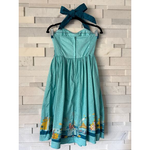 Disneyland Exclusive Ltd Ed Icons Border Print Halter Fit & Flare Dress XS Blue - Picture 2 of 7